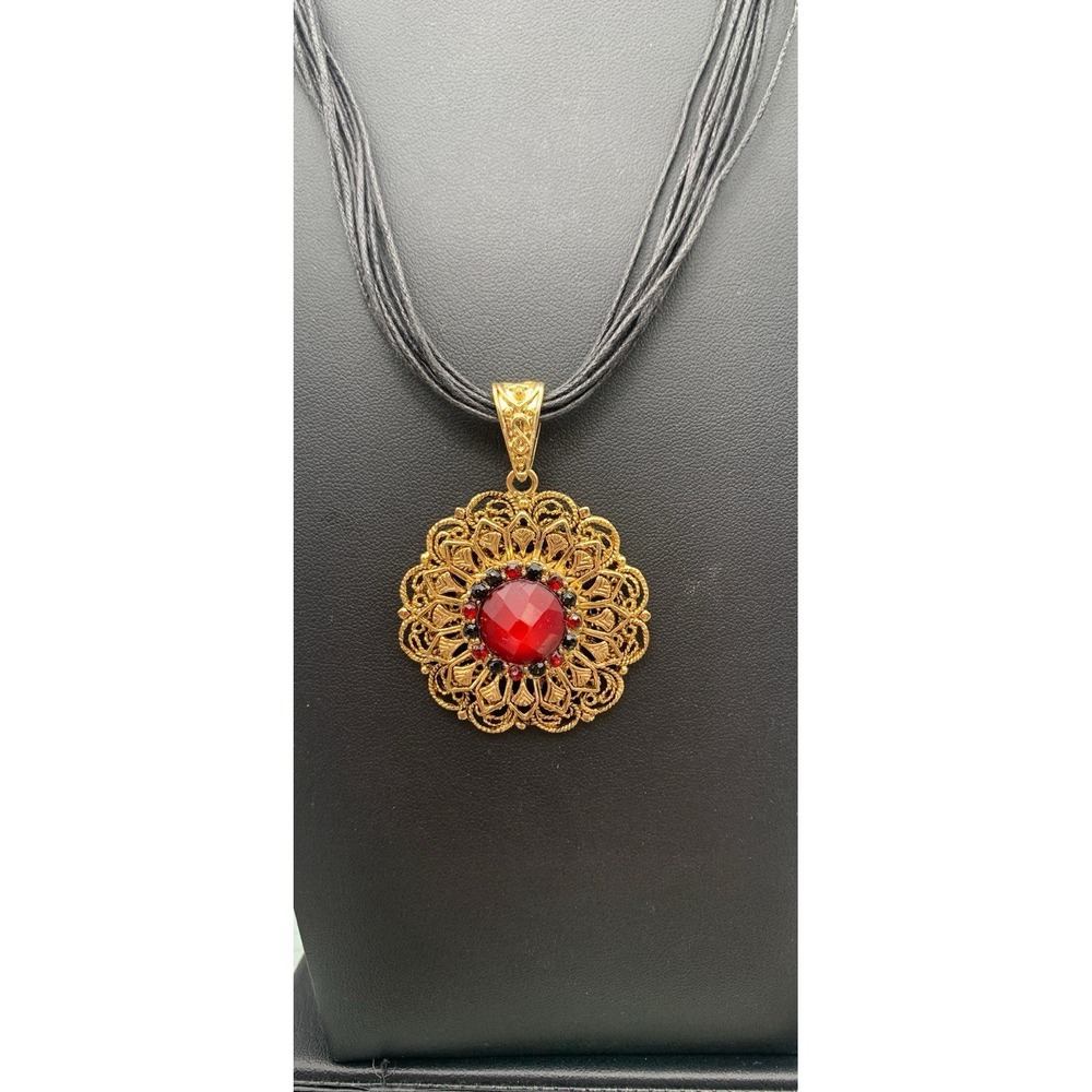 Vintage Style Gold Tone Filigree & Dark Red Rhinestone Corded Pendant Necklace